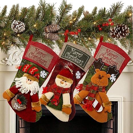 Sunnyglade 3PCS 18" Christmas Stocking Classic Large Stockings Santa, Snowman, Reindeer Xmas Char... | Amazon (US)