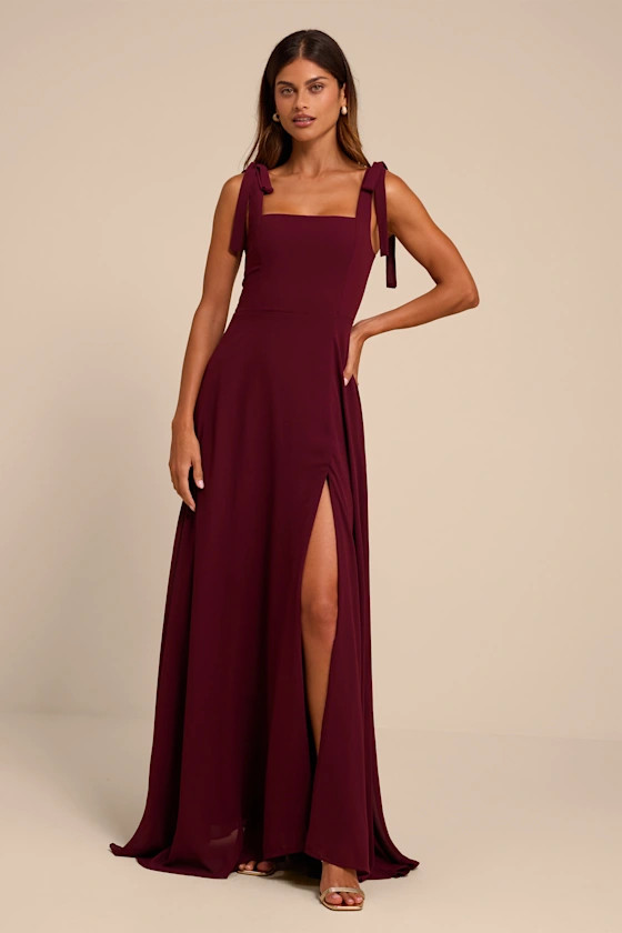 Love Me Forever Burgundy Tie-Strap Square Neck Maxi Dress | Lulus