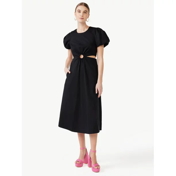 Scoop Women's Cut Out Midi Dress with Puff Sleeves, Sizes XS-XXL | Walmart (US)