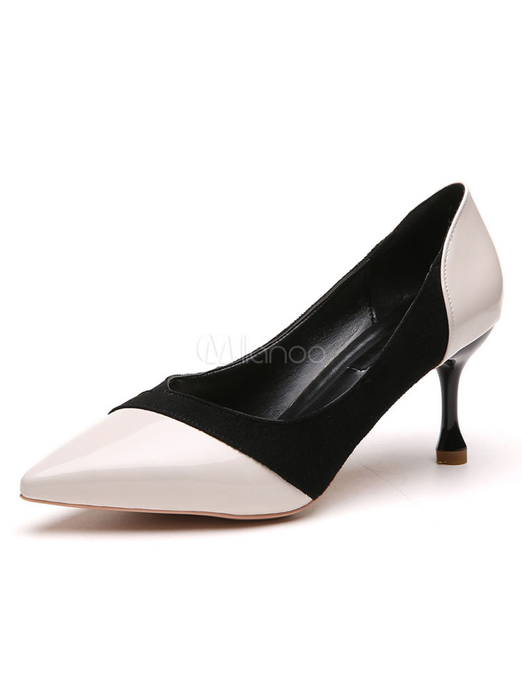 Women Dress Shoes Kitten Heel Pumps Ecru White Pointed Toe Slip On Pumps | Milanoo