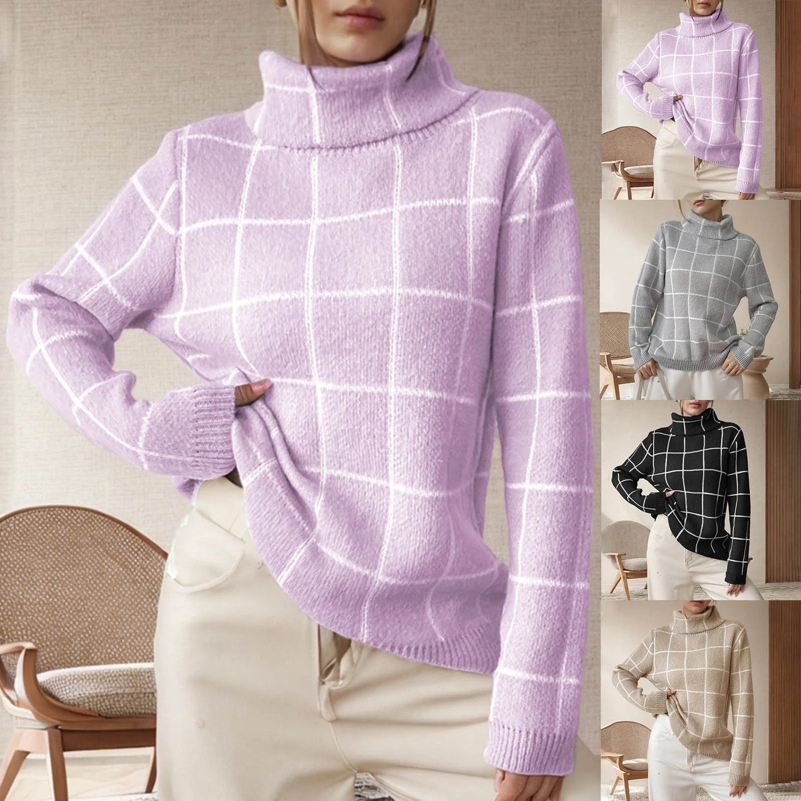 LOVZFMLL Women's Sweaters Turtleneck Ribbed Pullover Plaid Casual Fashion Relaxed Fit Long Sleeve... | Walmart (US)