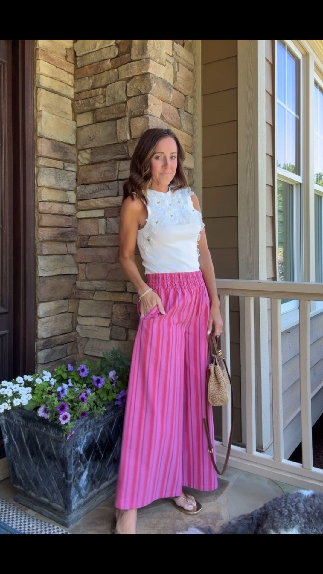 Somerset stripe wide leg pants. Appliqué tank. 
Use code TWOPEAS20 for 20% off.
Pants XS reg. (run big). Tank XS. 
@Anthropologie #anthropartner