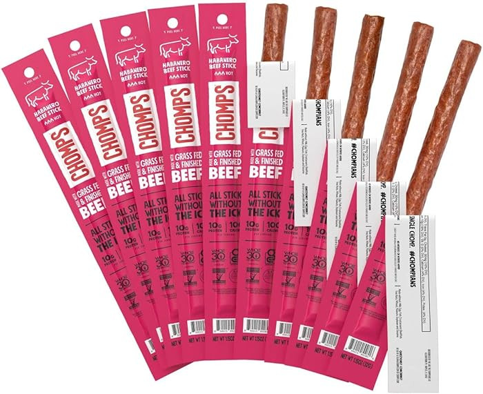 Chomps Grass-Fed and Finished Spicy Habanero Beef Jerky Snack Sticks 10-Pack - Keto, Paleo, Whole... | Amazon (US)