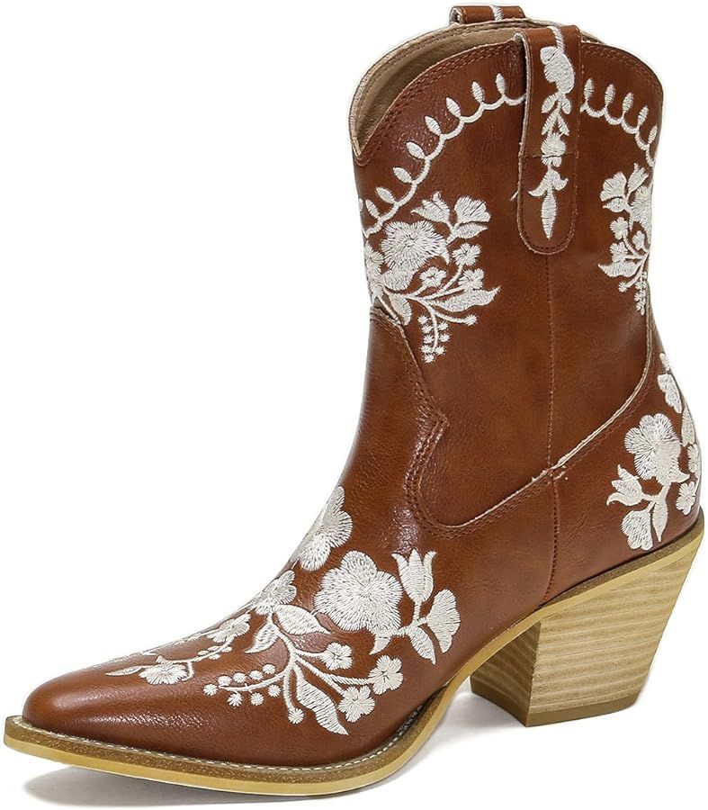 RUSAUISE Womens Embroidery Block Heel Cowboy Boots Snip Toe Ankle Cowgirl Boots | Amazon (US)