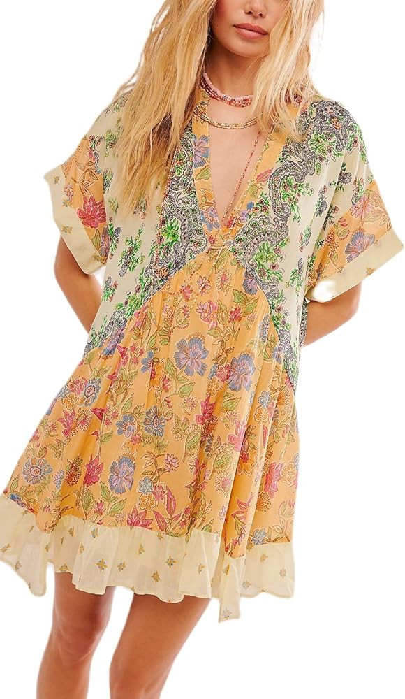 Women Bohemian Floral Mini Dress Boho Puff Sleeve V Neck Dress 2024 Summer Beach Short Dress | Amazon (US)