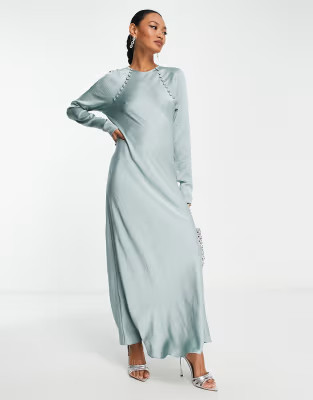 ASOS DESIGN satin biased maxi dress with button detail in silver blue | ASOS (Global)