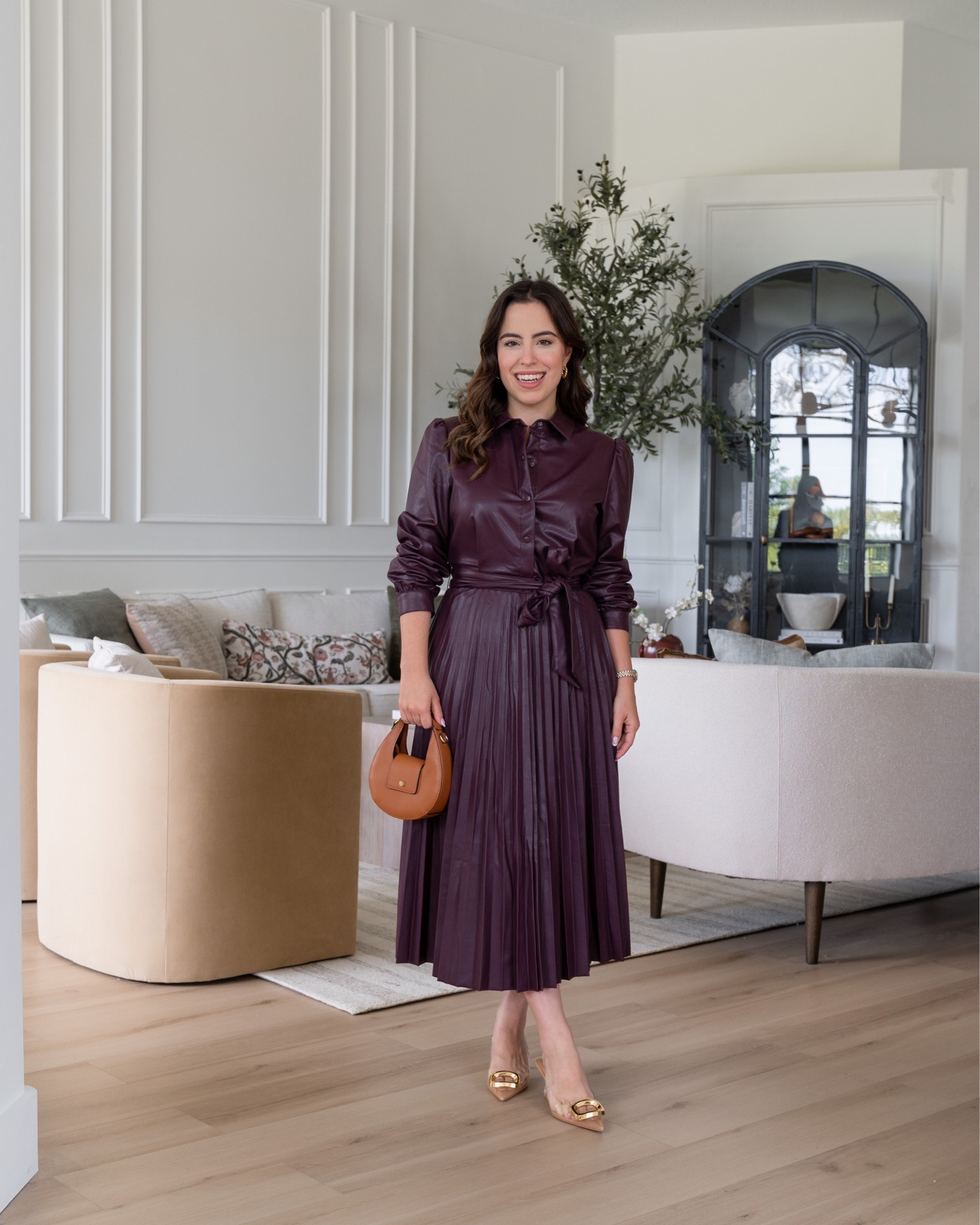 slim fit dress slacks Brown Scooped Neck Sleeveless Drop Waist Faux Leather Midi Dress Medium