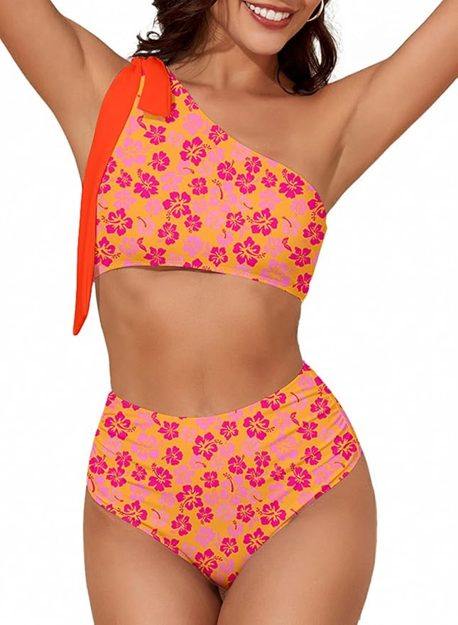 Herseas Women's One Bow Shoulder Bikini Sets 2 Piece Ruched Swimsuit Elegant Bathing Suit | Amazon (US)
