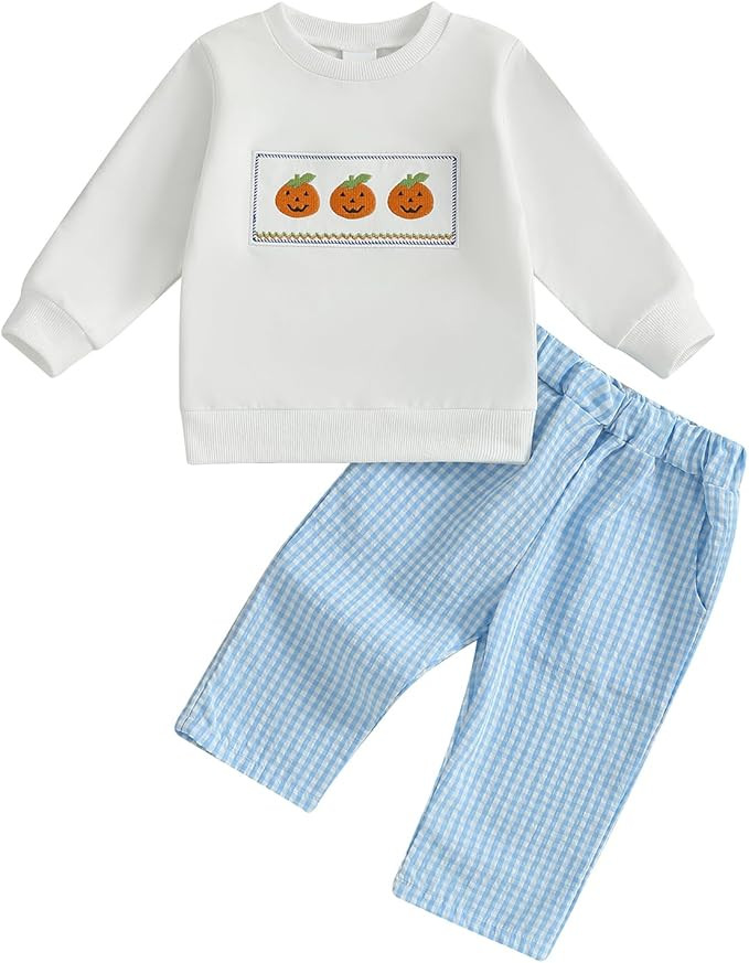Toddler Boy Halloween Outfits Pumpkin Embroidery Sweatshirts and Plaid Long Pants 2Pcs Fall Winte... | Amazon (US)