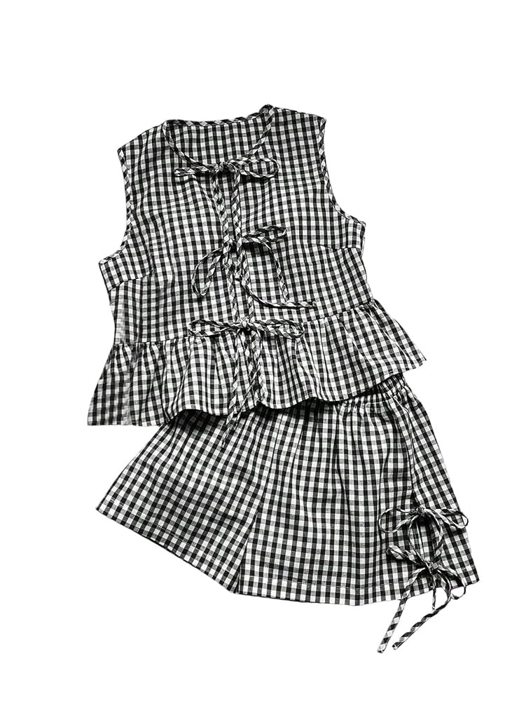 GORGLITTER Women's 2 Piece Outfits Summer Plaid Gingham Bow Tie Front Ruffle Tank Top Wide Leg Sh... | Amazon (US)