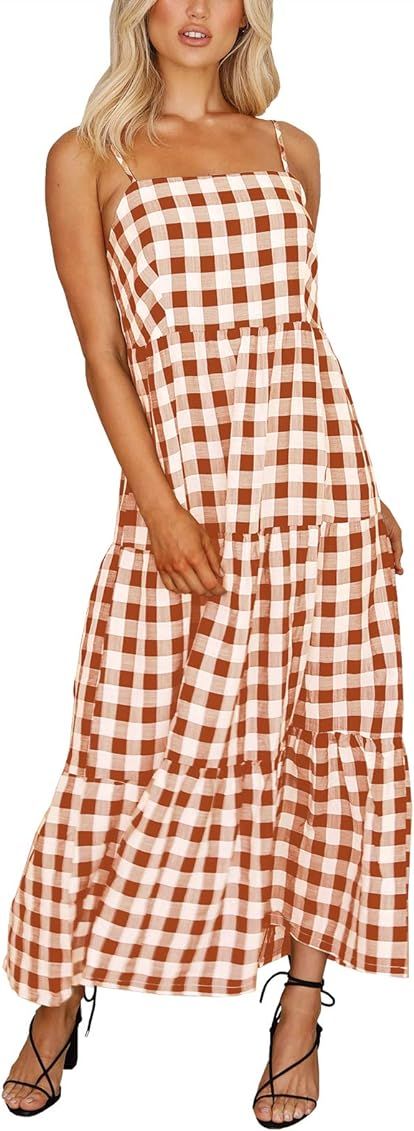 MITILLY Women's Boho Sleeveless Spaghetti Strap Casual Plaid Beach Long Dress with Pockets | Amazon (US)