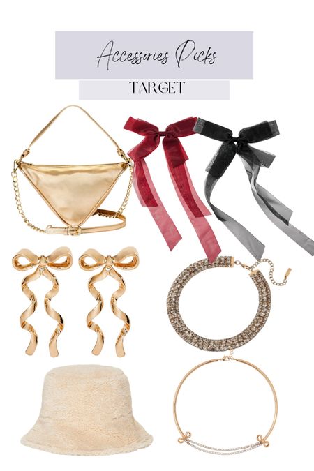 Target accessories picks, gold purse, crossbody, bows, earrings, choker, bucket hat; gold jewelry, bows 

#LTKstyletip #LTKfindsunder100 #LTKSeasonal