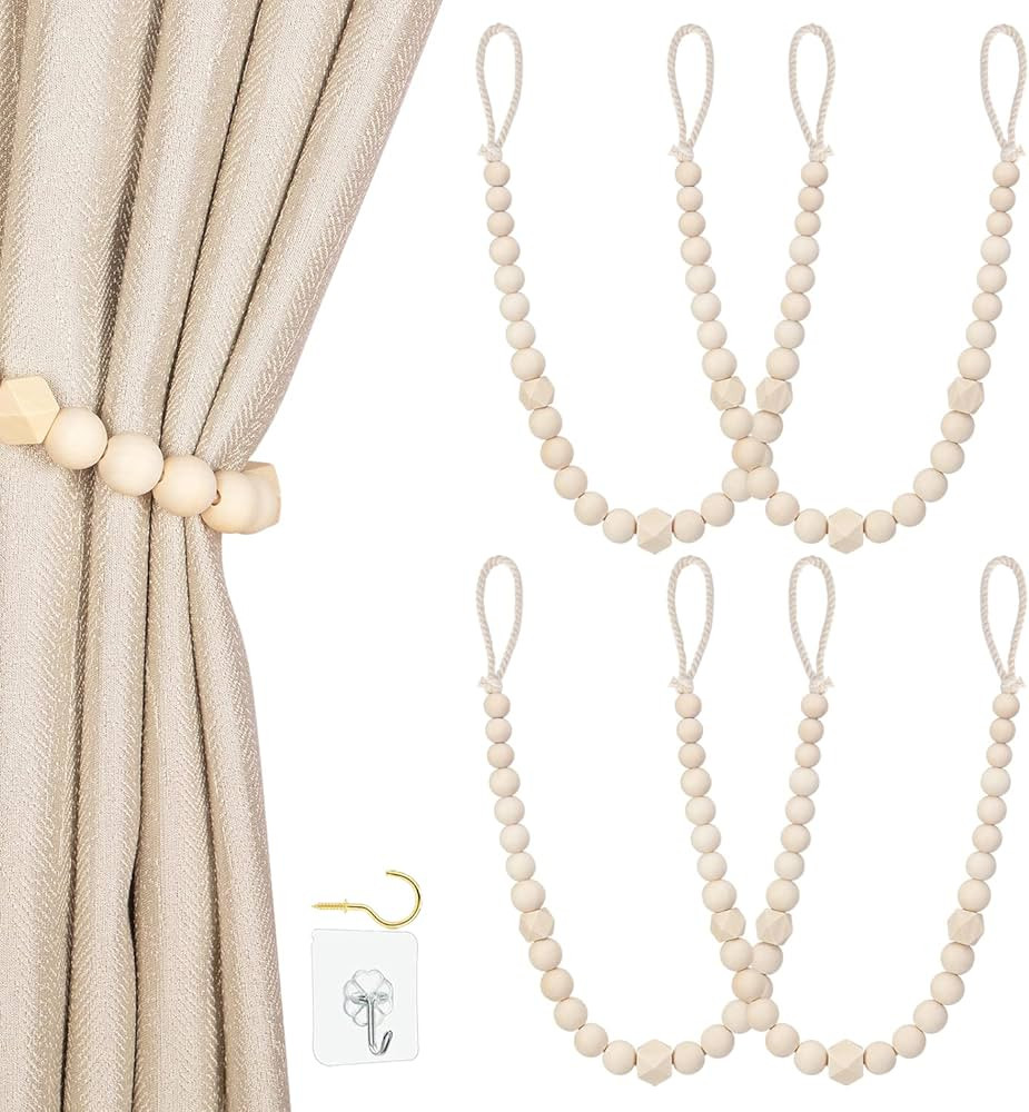 Wood Bead Curtain Tiebacks, KLOGTSIND Set of 4 Curtain Holdbacks for Thin or Thick Window Draperi... | Amazon (US)