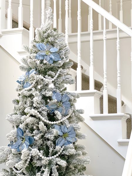 Blue & White Christmas Tree with baby blue pointsettia a & oversized pearl garland. Grandmillennial, feminine, floral  

#LTKhome #LTKHoliday #LTKSeasonal
