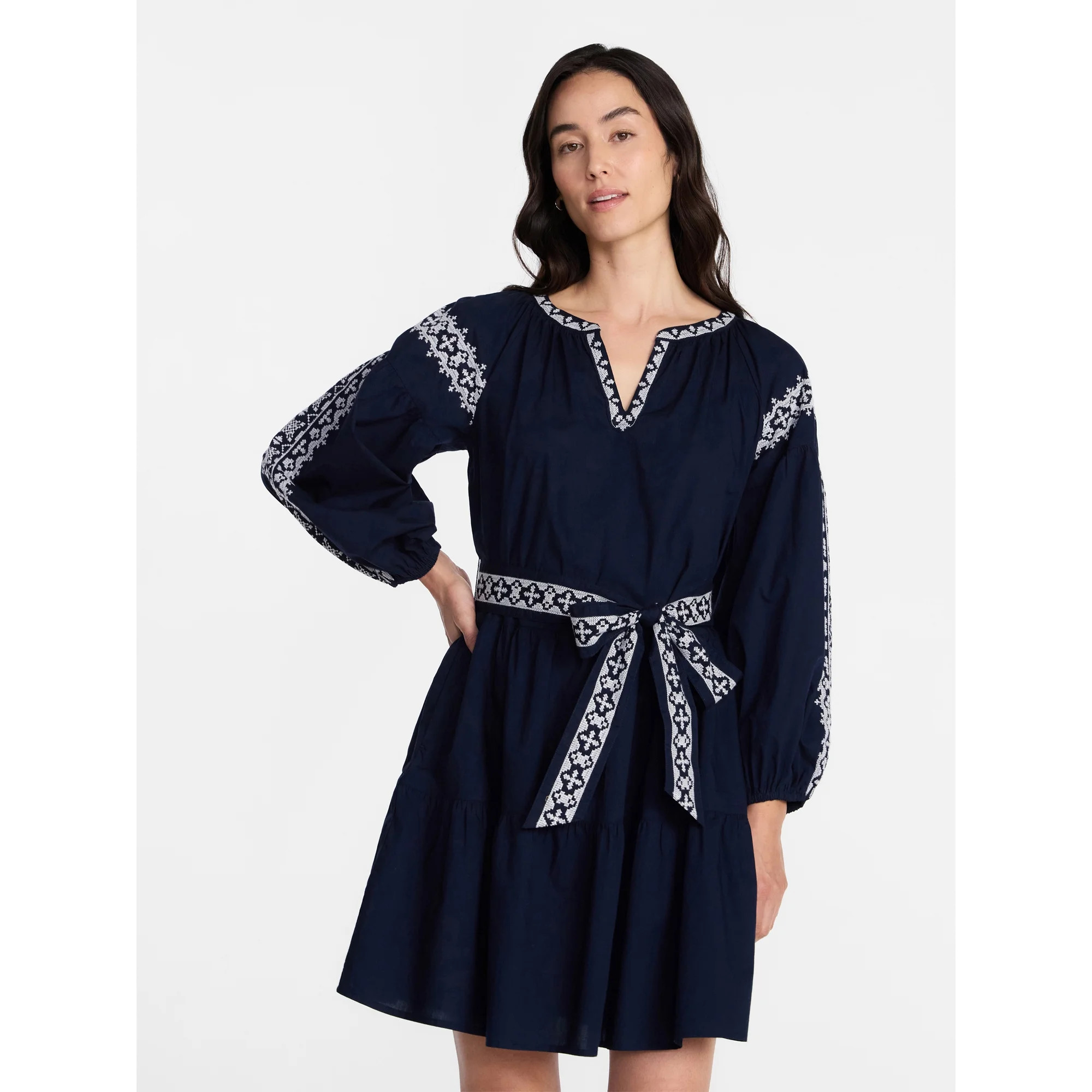 Time and Tru Women's Embroidered Cotton Mini Dress with Long Blouson Sleeves, Sizes XS-XXXL | Walmart (US)