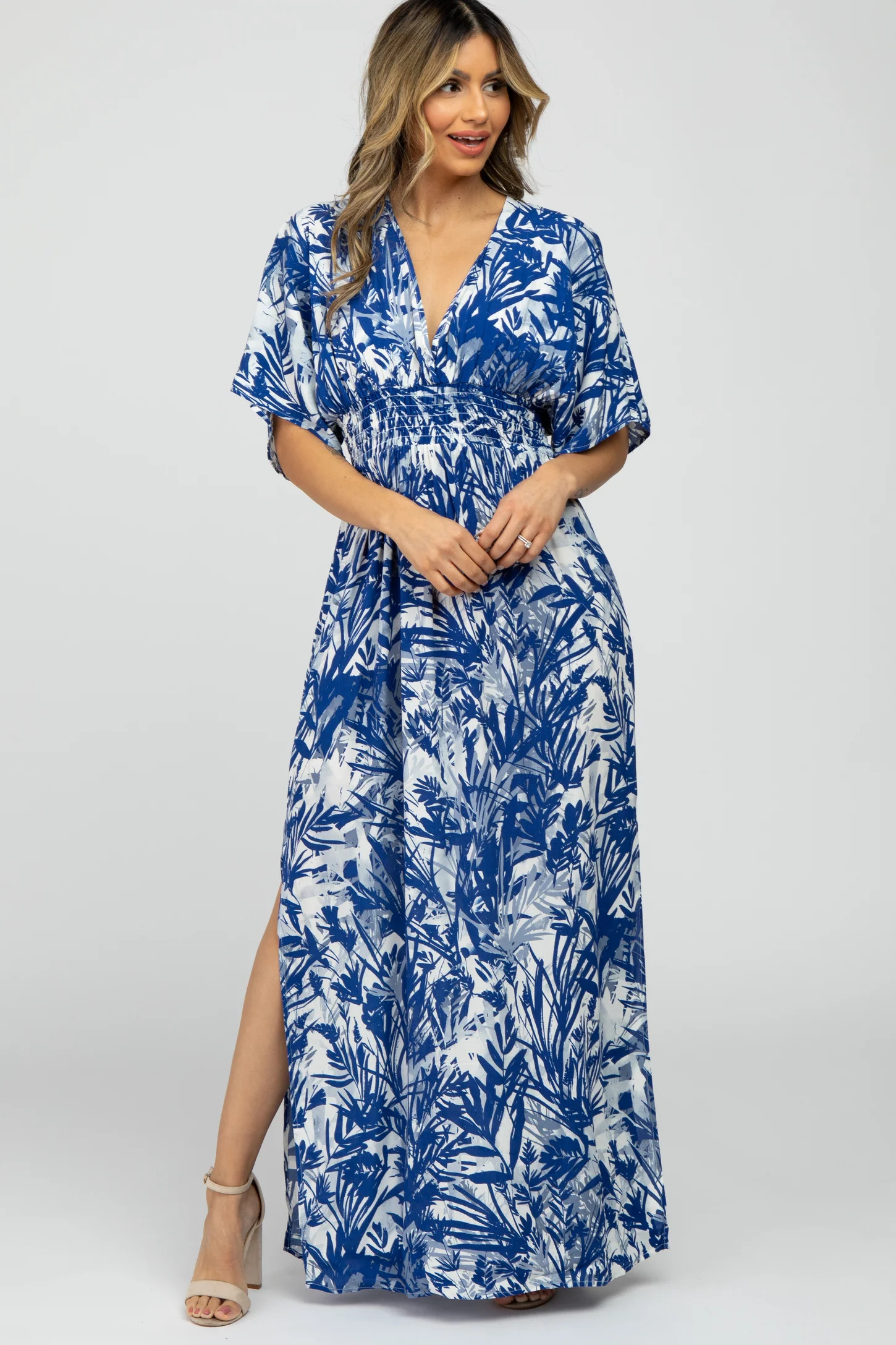Navy Blue Leaf Print V-Neck Maxi Dress | PinkBlush Maternity