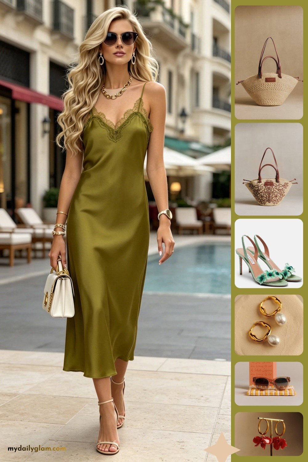 Olive Green Lace Trim Silk Slip Midi | French Riviera Summer Resort Outfit
#SilkSlipDress #ResortWear #EuropeanSummerStyle

#LTKootd #LTKOver40 #LTKWorkwear