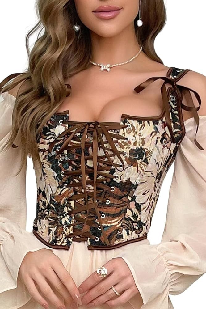 Vintage Renaissance Corset Top for Women Floral Bustier Lace Up Boned Overbust Lingerie Bodyshape... | Amazon (US)
