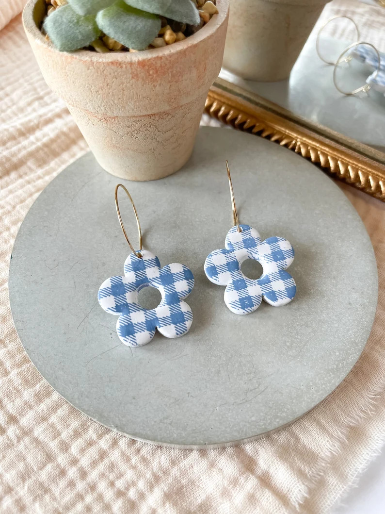 Gingham Pattern Flower Earrings Spring Dangles Gingham - Etsy | Etsy (US)