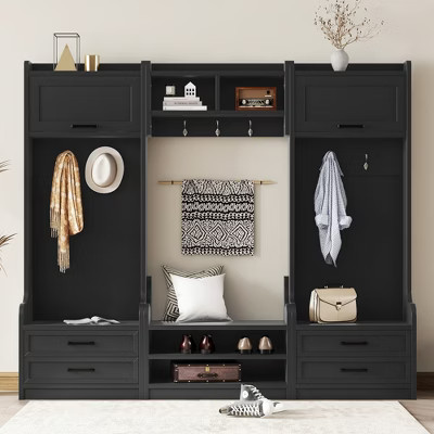 Entryway Hall Tree with Bench and Shoe Storage, 7 Hooks Coat Rack, Drawers, Cabinet, Detachable Multiple Functions Halltree Black | Target
