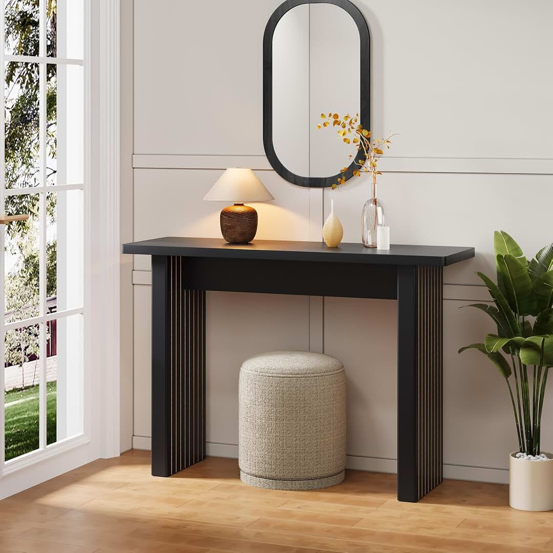 Fluted Console Table - Small Entry Desk for Narrow Spaces - Modern, Mid-Century Home Decor - Living Room Furniture - Solid Wood Entryway Table - Fluted Cross Bass and Rectangular Top (Black) | Amazon (US)
