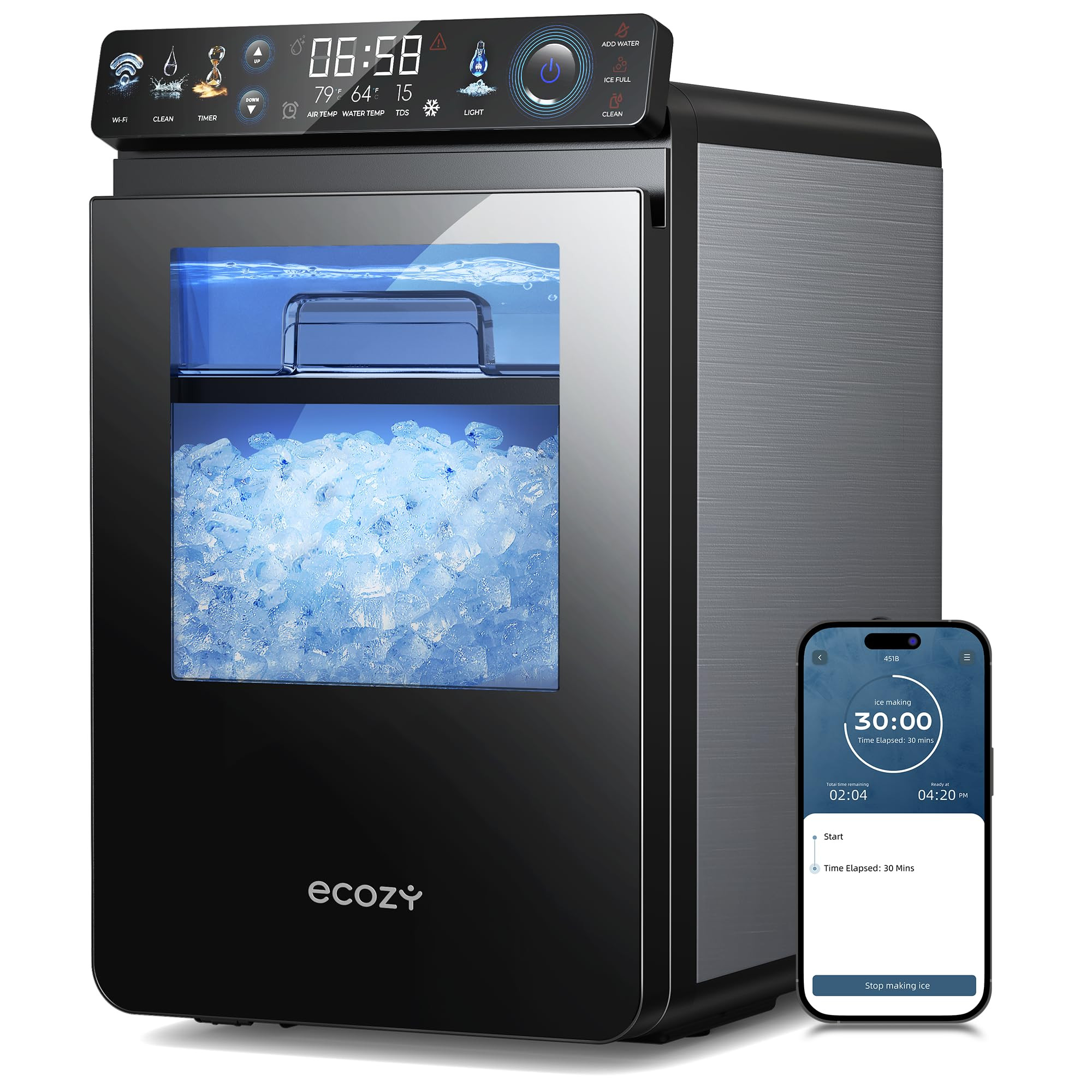 ecozy Smart Nugget Ice Maker Countertop, First Full-Color Smart Panel Ice Machine with APP Contro... | Amazon (US)