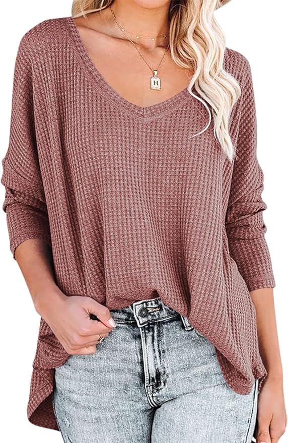 ANRABESS Women's Causal Off Shoulder Waffle Knit Shirt V-Neck Batwing Sleeve Pullover Curved Hem ... | Amazon (US)