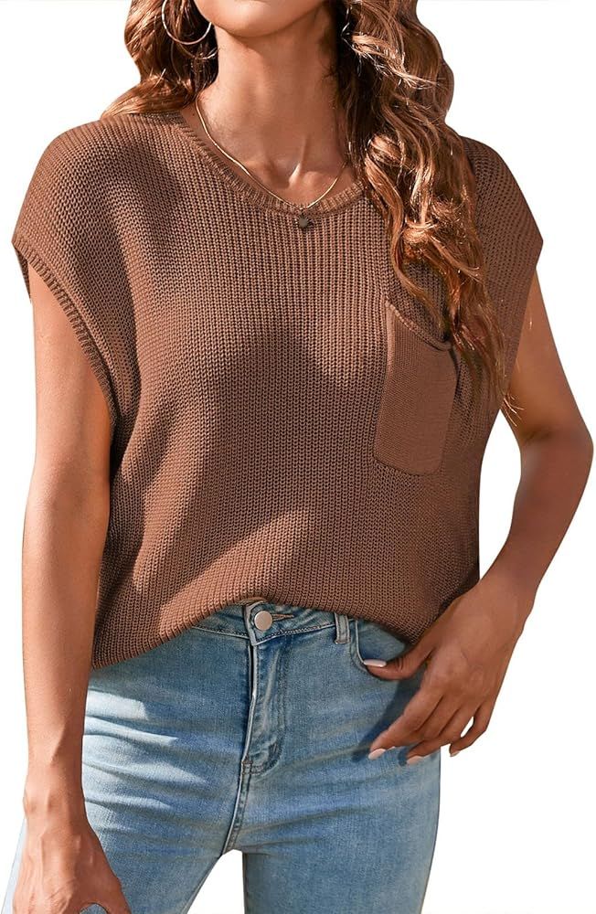 Pink Queen Women Sweater Vest Cap Sleeve Knit Sweaters Tops with Front Pocket | Amazon (US)