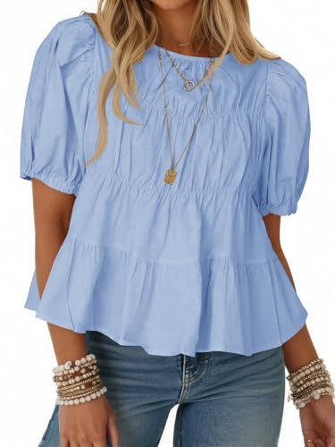Tankaneo Womens Puff Sleeve Peplum Babydoll Tops Summer Smoked Pleated Cotton T-Shirts Casual Loose Fit Flowy Blouse Light Blue | Amazon (US)
