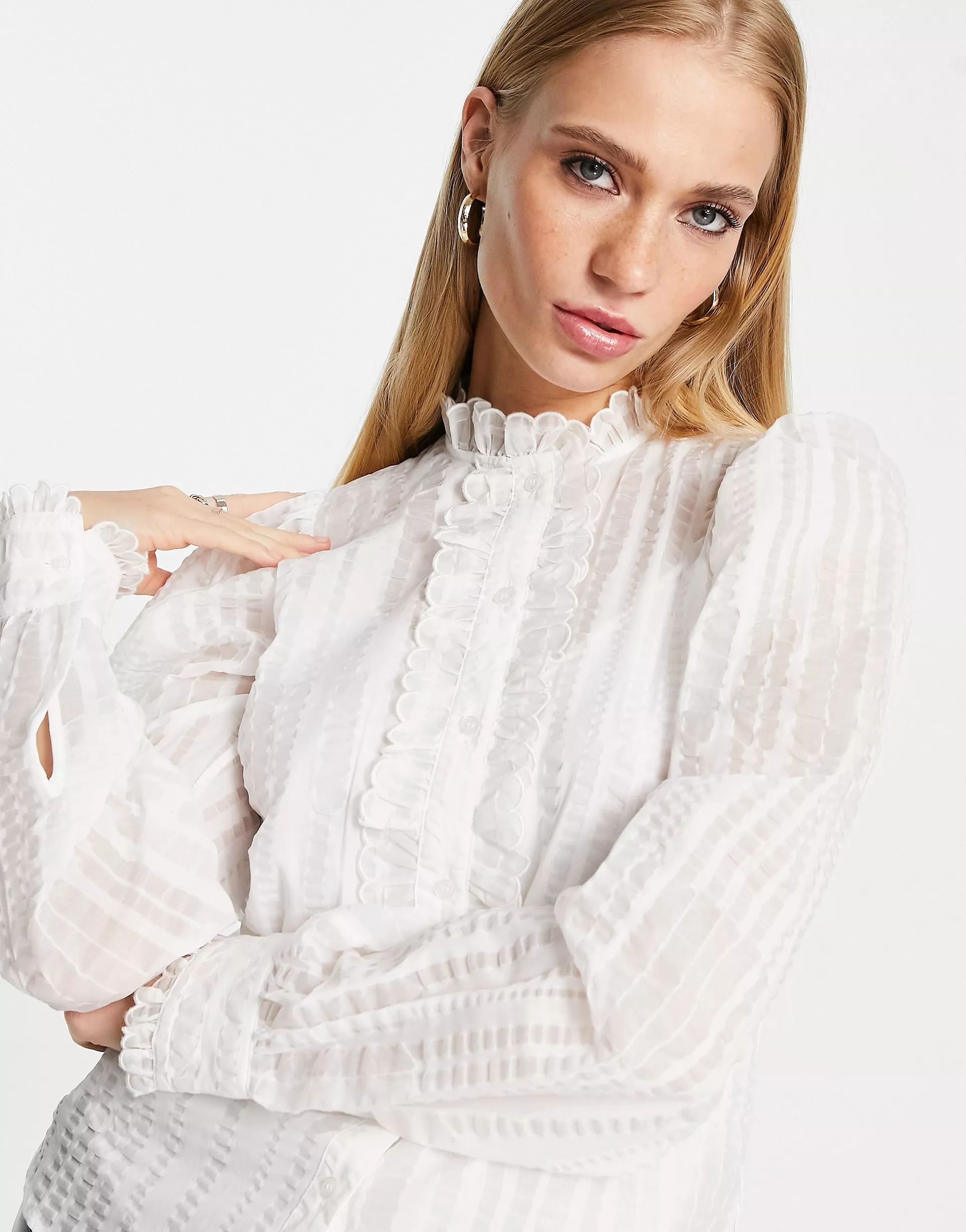 & Other Stories high neck frill blouse in off white | ASOS (Global)