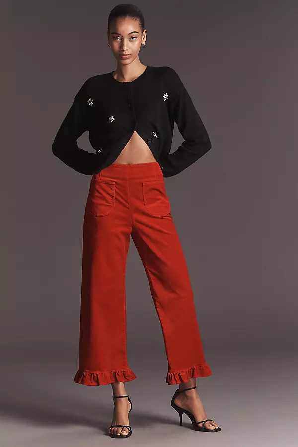 The Colette Crop Velvet Ruffle-Hem Pants by Maeve | Anthropologie (US)