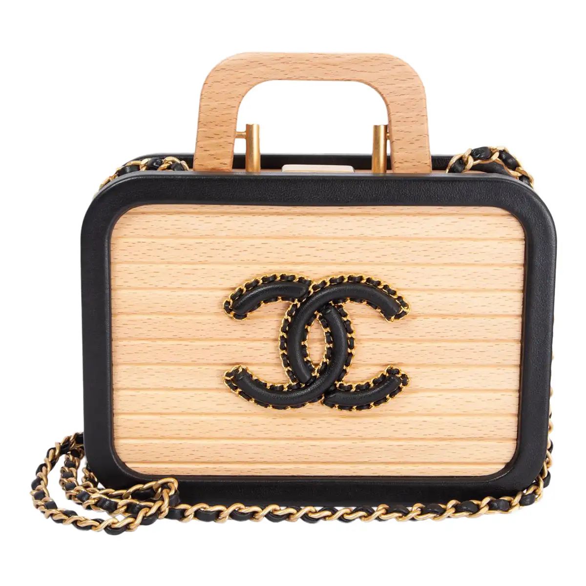 CHANEL beige & black 2022 22C DUBAI BEECH WOOD SMALL VANITY Shoulder Bag | 1stDibs