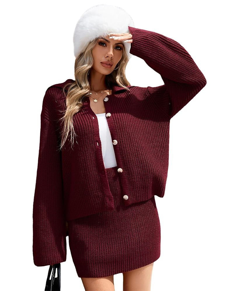 Womens 2 Piece Set Ribbed Knit Valentine Skirt and Cardigan Outfits | Amazon (US)