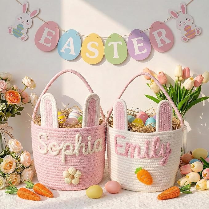 Personalized Embroidered Baby Easter Basket with Name, Custom Bunny Baskets Egg Hunt for Kids, Ba... | Amazon (US)