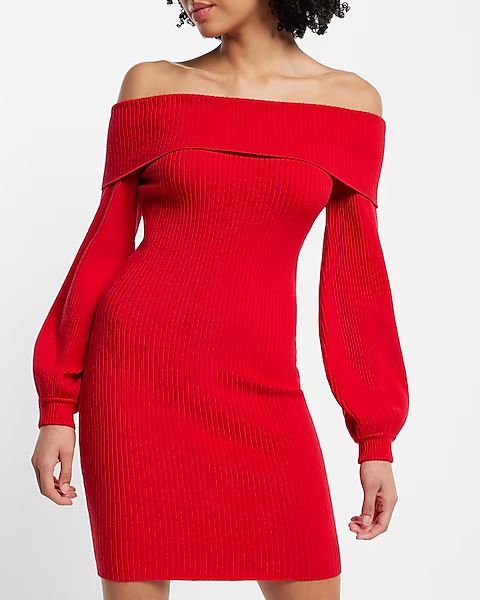 Ribbed Off The Shoulder Balloon Sleeve Mini Sweater Dress | Express