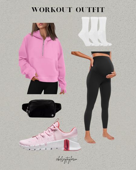 Bump friendly athleisure workout outfit // maternity leggings come in several colors! Recommend sizing down one size (I ordered an XS at 29 weeks pregnant and I’m usually a 4 at lululemon) - Nike metcon 5 run true to size - half zip hoodie is a look a like for the lululemon scuba hoodie and a fraction of the price (I ordered a M for more oversized fit) 

#LTKbump #LTKfindsunder50 #LTKfitness