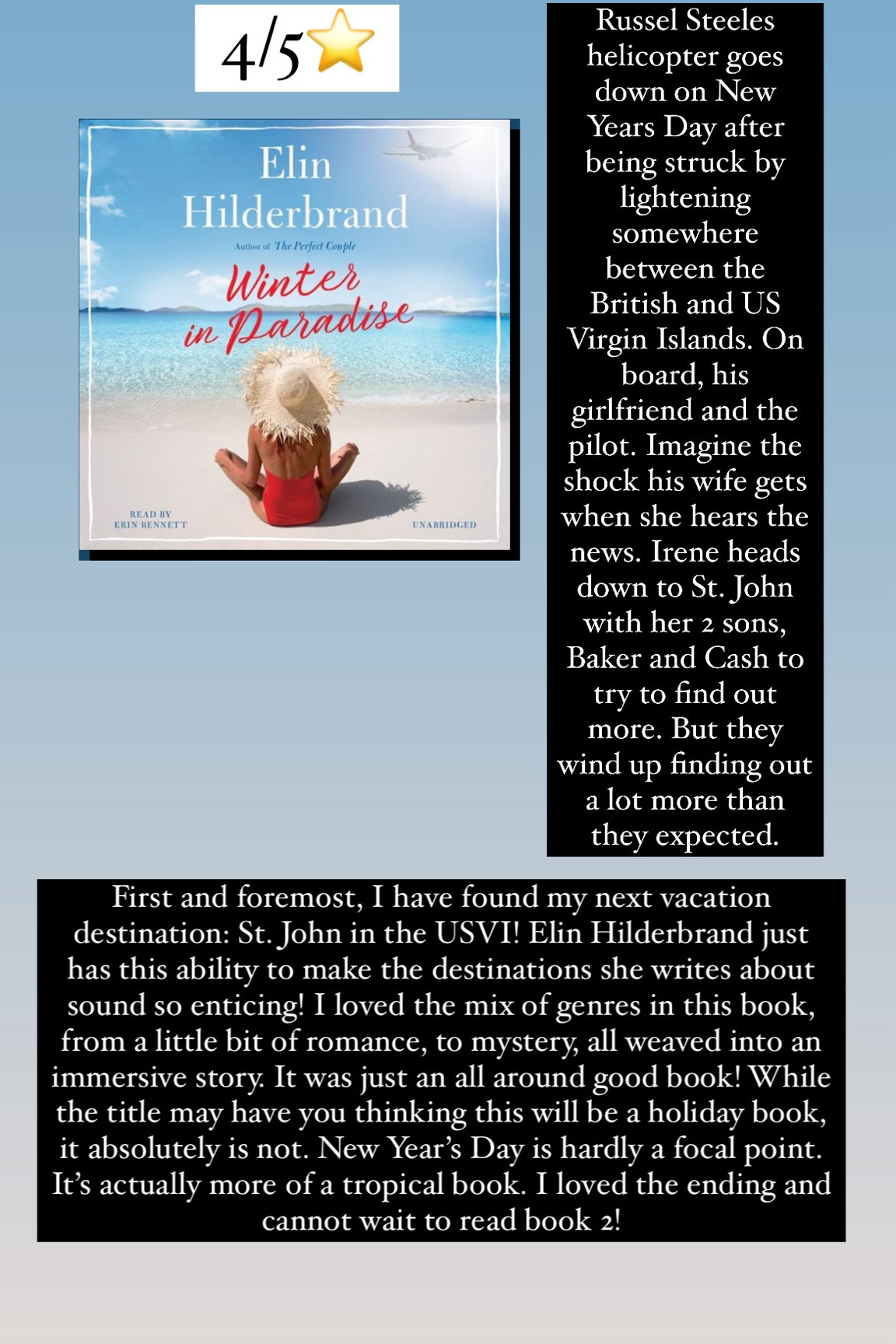 46. Winter in Paradise by Elin Hilderbrand :: 4/5⭐️ Russel Steeles helicopter goes down on New Years Day after being struck by lightening somewhere between the British and US Virgin Islands. On board, his girlfriend and the pilot. Imagine the shock his wife gets when she hears the news. Irene heads down to St. John with her 2 sons, Baker and Cash to try to find out more. But they wind up finding out a lot more than they expected. First and foremost, I have found my next vacation destination: St. John in the USVI! Elin Hilderbrand just has this ability to make the destinations she writes about sound so enticing! I loved the mix of genres in this book, from a little bit of romance, to mystery, all weaved into an immersive story. It was just an all around good book! While the title may have you thinking this will be a holiday book, it absolutely is not. New Year’s Day is hardly a focal point. It’s actually more of a tropical book. I loved the ending and cannot wait to read book 2! 


#LTKhome #LTKtravel