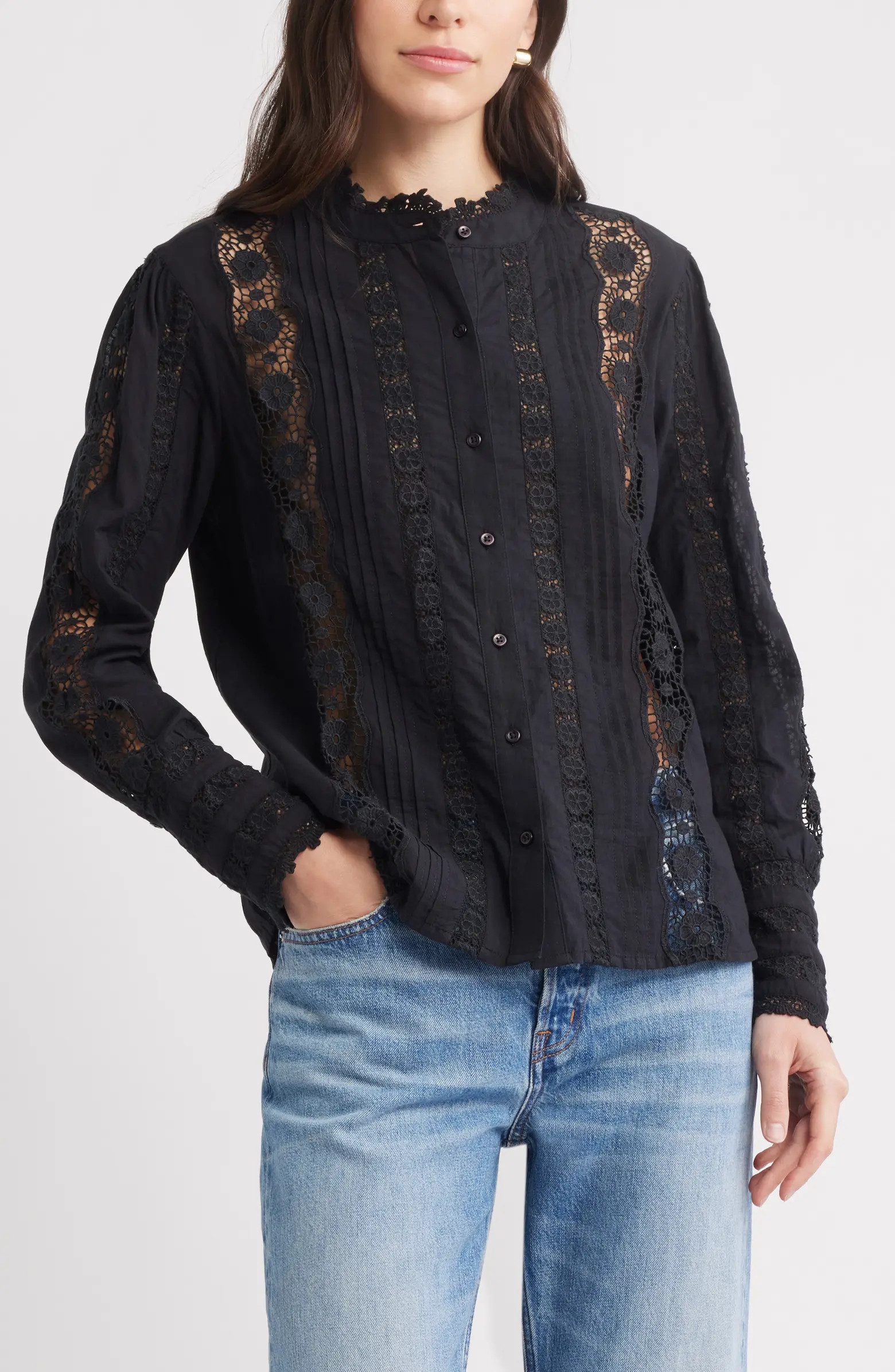 Caslon® Pretty Lace Panel Button-Up Shirt | Nordstrom | Nordstrom