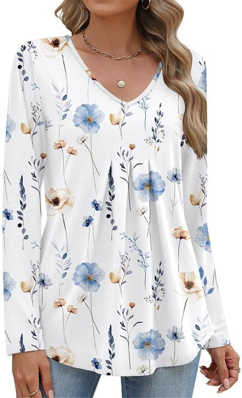 Women Long Sleeve Top V Neck Casual Shirt Loose Fit Fall Blouse Trendy Tunic Clothes 2025 | Amazon (US)