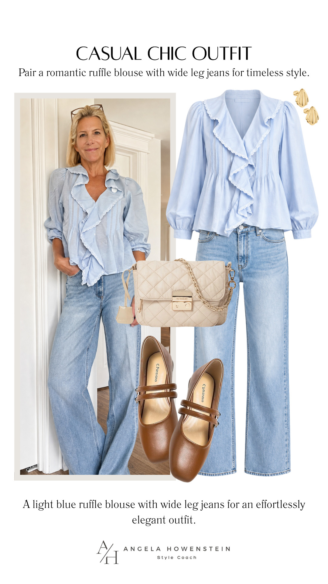 A beautiful blouse can completely transform your favorite pair of jeans, and this light blue ruffle blouse does exactly that. The feminine details add softness while the wide leg jeans keep the outfit modern and effortless. Finished with classic Mary Jane flats and a quilted bag, it's a look that's perfect for brunch, lunch, date night, or any day you want to feel polished without trying too hard.

👩‍💻 LTK PRO TIPS
❤️ Heart = Support my posts ;-)
🔖 Save = Get sale & restock alerts for the things you love!
📋 Lists = Keep favorites organized (List ideas: Christmas, Birthdays, and Vacations!)
📲 Share = Send lists and products to a friend (or your daughters like me).
💬 Comment = Ask me anything, and I'll answer. ;-) 

 #LTKxMadewell #LTKSeasonal #LTKOver40