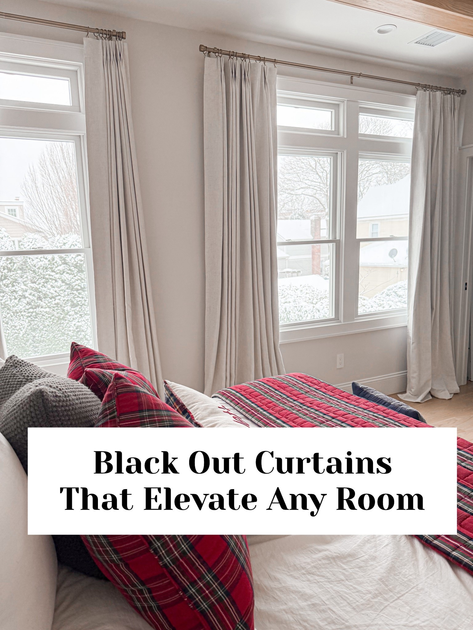 I am obsessed with these blackout curtains! They look super high-end in elevate any room. The quality is insane and it looks like we spent a fortune on them and they are pretty reasonable for the quality that they are. 
Curtains: Natural
Rod: Antique Bronze
Rings : Warm Gold

￼