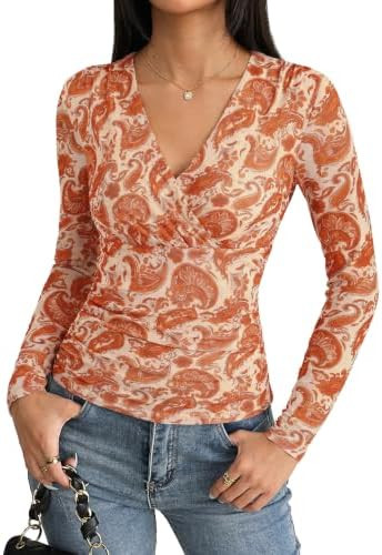 GRACE KARIN Womens Boho Mesh Tops Long Sleeve Blouses Dressy Casual | Wrap V Neck Floral Tops, Ru... | Amazon (US)