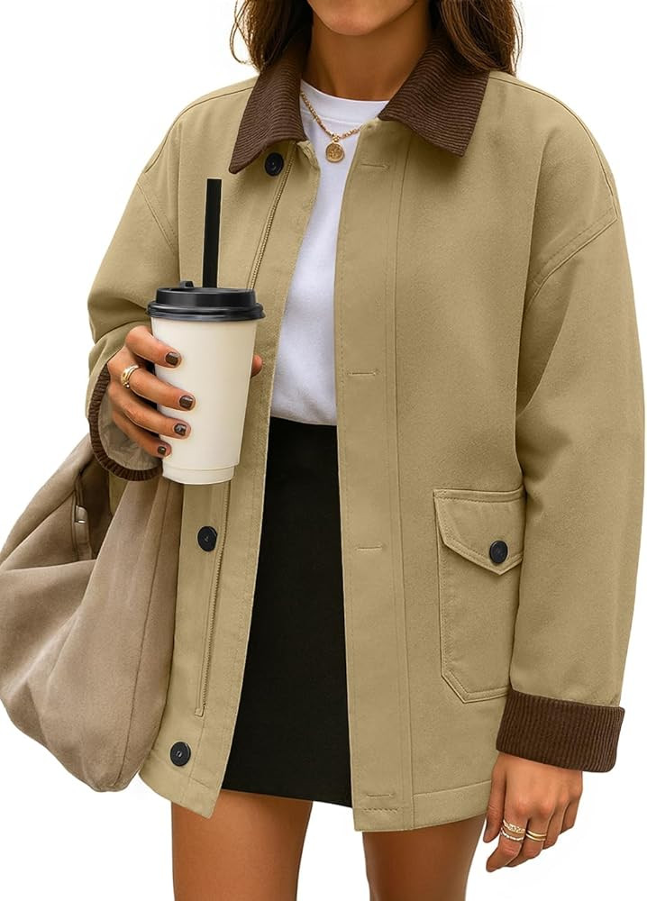 ZESICA Women's Trendy Lightweight Oversized Barn Jackets 2025 fall Fashion Contrast Collar Zip Up... | Amazon (US)