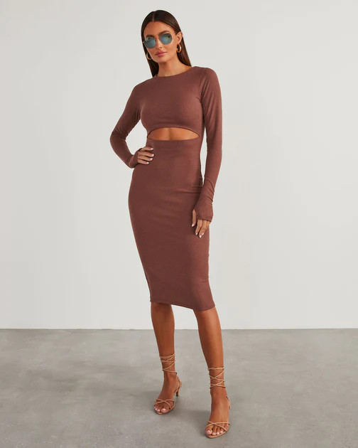 Body Language Ribbed Cutout Midi Dress - Brown | VICI