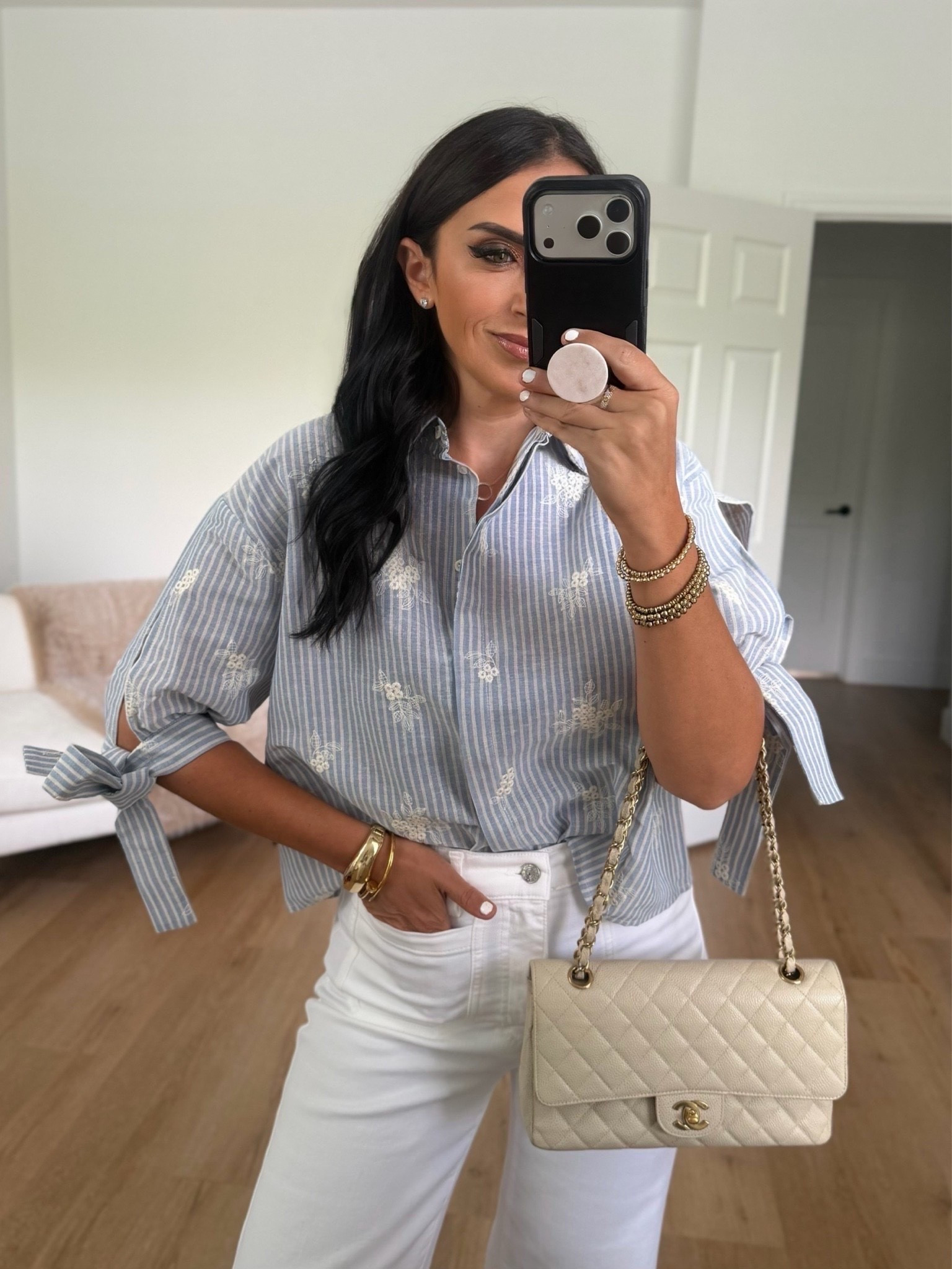 Petal & Pup Floriana Embroidered Tie Sleeve Shirt wearing size small. Frame jeans wearing size 27