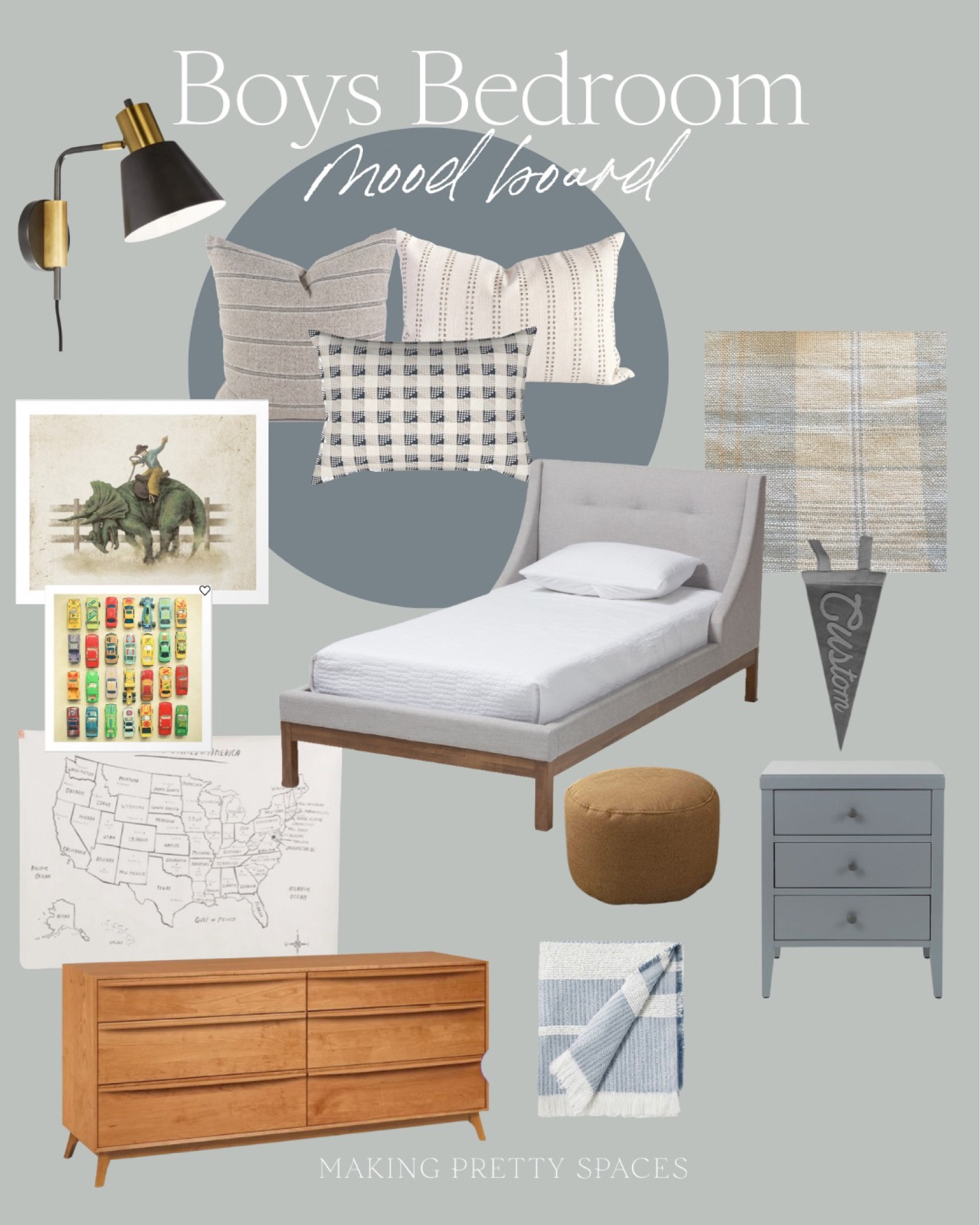 Boys bedroom mood board sources!
Bed, map, kids art, dresser, nightstand, pillows, sconces

#LTKhome #LTKkids #LTKstyletip