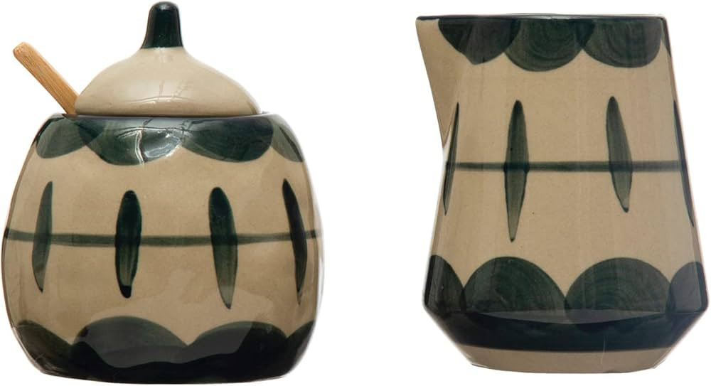 Creative Co-Op Stoneware Creamer and Sugar Pot with Painted Designs and Bamboo Spoon, Midnight Bl... | Amazon (US)
