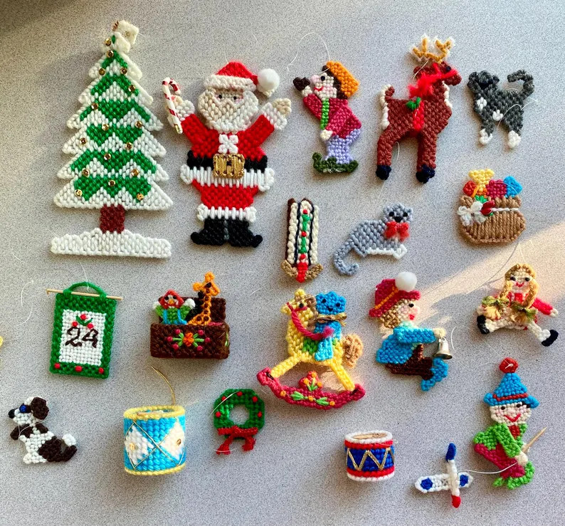 A Lot of 18 Plastic Needlepoint Ornaments Unbreakable Christmas Tree Decorations Pet Holiday Deco... | Etsy (US)