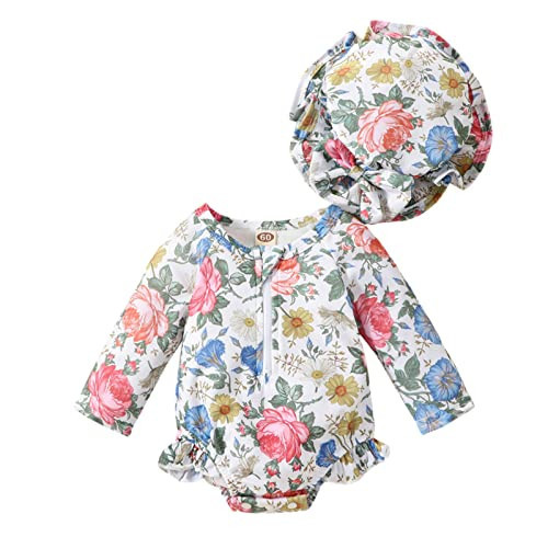 Aimaopao Infant Baby Girls Swimsuit Long Sleeve Zipper Bathing Suit One Piece Swimwear with Hat for Beach Wear (Floral Pink, 3-6 Months) | Amazon (US)