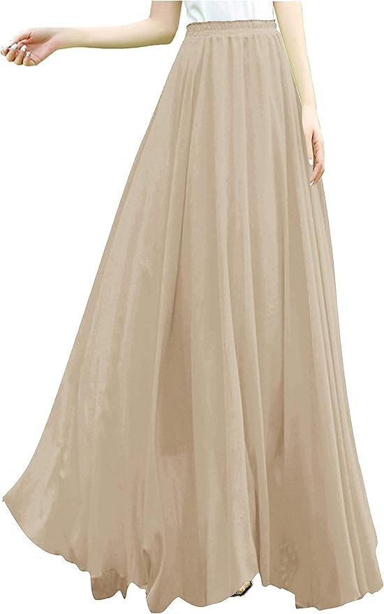 v28 Women Full/Ankle Length Elastic Pleated Retro Maxi Chiffon Long Skirt | Amazon (US)